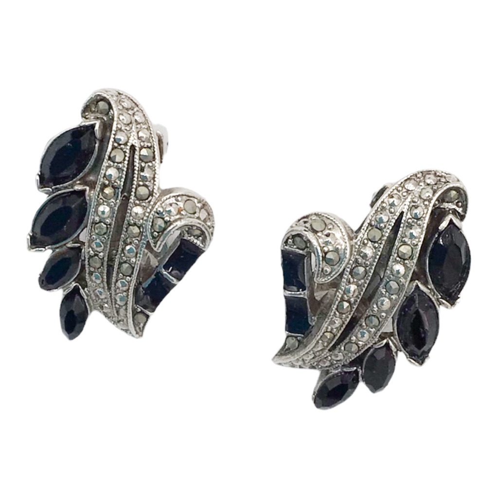 Vintage Silver Tone W Inset Rhinestones Black Glass Navettes Clip On Earrings 22$